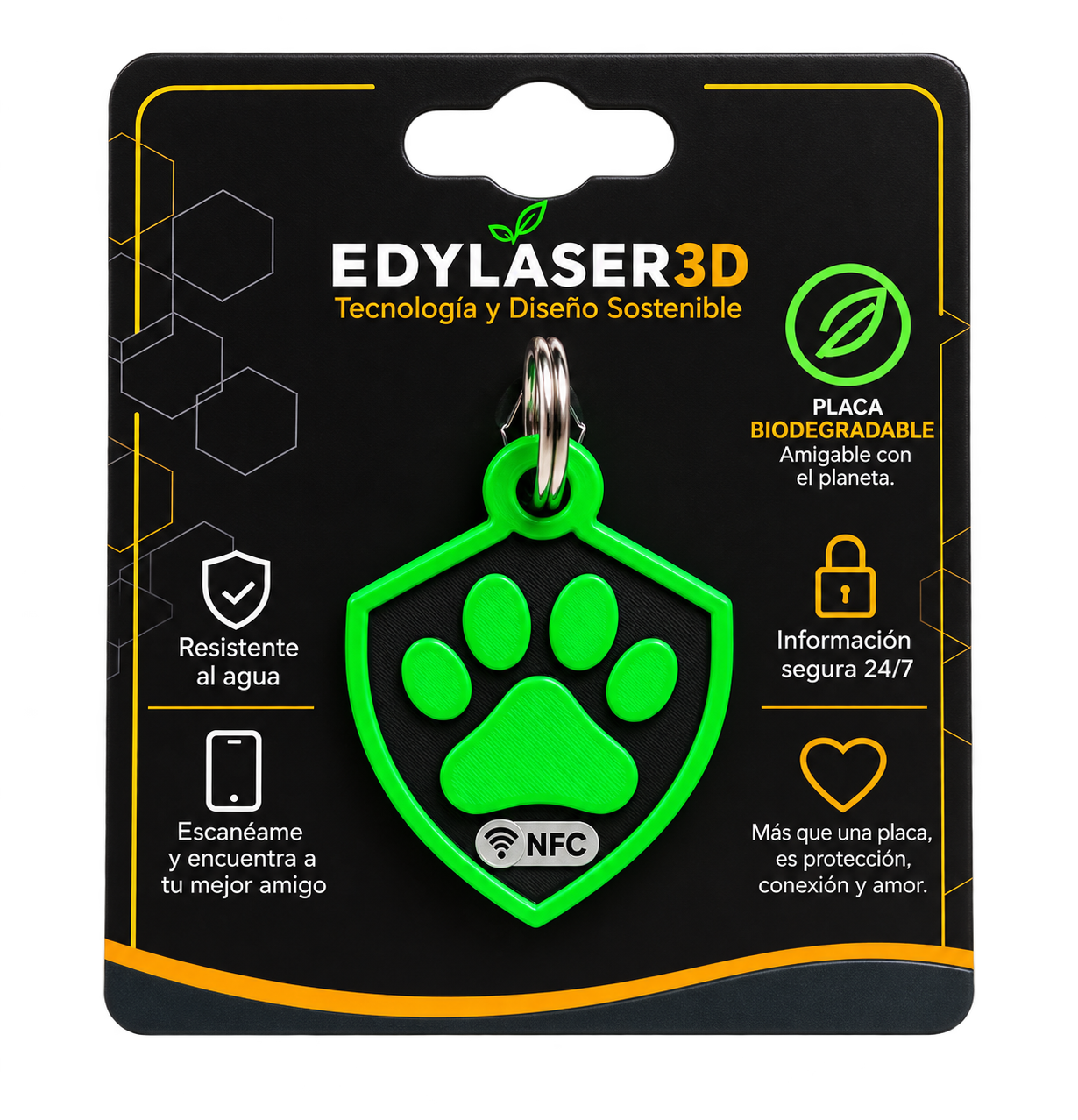 Placa inteligente EDYLASER3D con NFC, QR, presentación profesional y material biodegradable