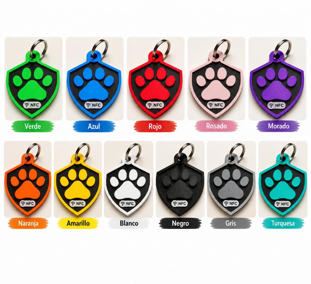 Colores disponibles de placas NFC y QR para mascotas EDYLASER3D